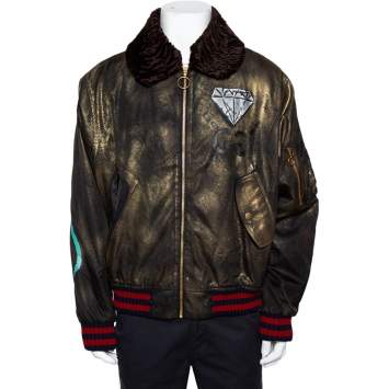 Pre Owned Gucci Metallic Ghost Handpainted Synthetic & Fur Trim  Bomber Jacket XXL