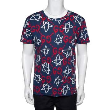 Pre Owned Gucci Blue Cotton Ghost GG Print T-Shirt S
