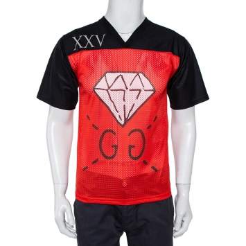 Pre Owned Gucci Black Jersey & Red Mesh Ghost Printed T-Shirt XS