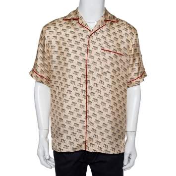 Pre Owned Gucci Beige Silk Invite Stamp Bowling Shirt M