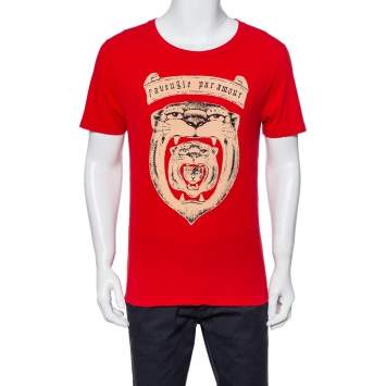 Pre Owned Gucci Red Tiger Head Print Crewneck T-Shirt XS