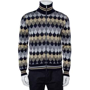 Pre Owned Gucci Navy Blue Patterned Lurex Knit Zip Front Jacket S