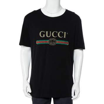 Pre Owned Gucci Black Washed Logo Printed Cotton Crewneck Distressed T-Shirt L