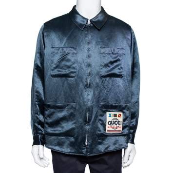 Gucci Dark Green Sateen Worldwide Patch Detail Oversized Shirt Jacket M