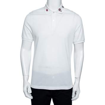 Pre Owned Gucci White Cotton Pique Embroidered Collar Polo T-shirt L
