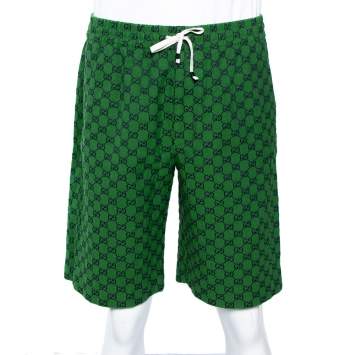 Pre Owned Gucci Green Logo Cotton Jacquard Shorts L