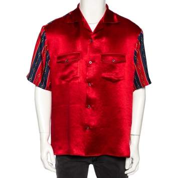 Pre Owned Gucci Red Silk Blend Print Detail Bowling Shirt L