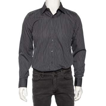 Pre Owned Gucci Dark Grey Striped Cotton Slim Front Button Shirt M