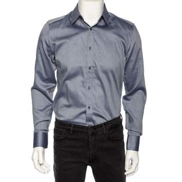 Pre Owned Gucci Slate Blue Patterned Cotton Slim Fit Shirt M