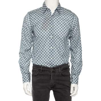 Pre Owned Gucci Blue Dupplin Checked Cotton Front Button Fitted Shirt M 