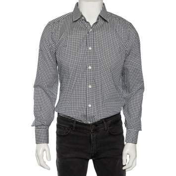 Pre Owned Gucci Blue Logo Checked Cotton Slim Fit Shirt M 