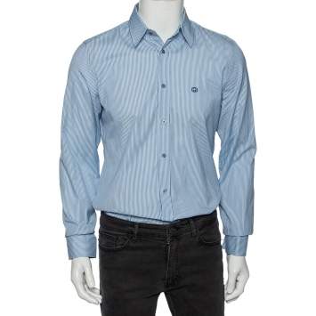 Pre Owned Gucci Blue Striped Cotton Logo Embroidered Detail Slim Fit Shirt M