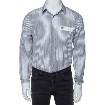 Pre Owned Gucci Grey Striped Cotton Pocket Logo Detail Button Front Shirt M