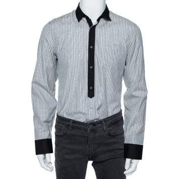 Pre Owned Gucci Grey Striped Cotton Contrast Collar and Cuff Detail Shirt M