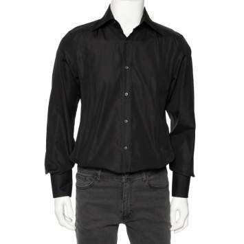 Pre Owned Gucci Black Cotton Jacquard Logo Detail Fitted Shirt M 