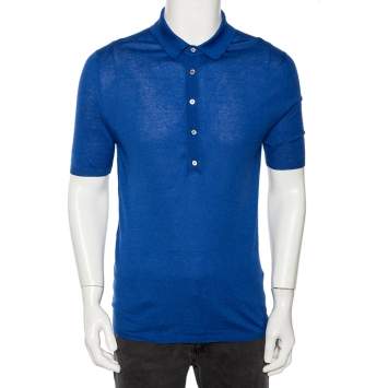 Pre Owned Gucci Blue Cashmere & Silk Knit Polo T Shirt XL