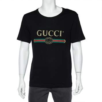 Pre Owned Gucci Black Logo Print Washed Cotton Distressed Effect Oversized T-Shirt S