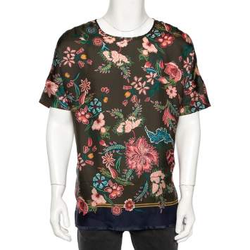 Pre Owned Gucci Olive Green Floral Printed Silk Frayed Hem Detailed T-Shirt L 