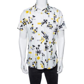 Pre Owned Gucci White Geometric Print Cotton Button Front Short Sleeve Shirt L