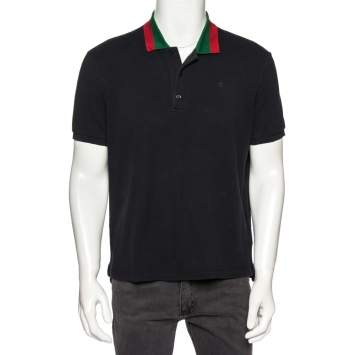 Pre Owned Gucci Black Cotton Pique Web Collar Detail Polo T-Shirt XL