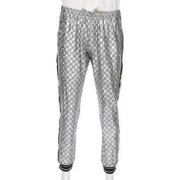 Pre Owned Gucci Laminated Sparkling Monogram Jersey Web Stripe Trim Detail Joggers L