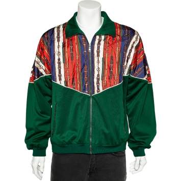 Pre Owned Gucci Green Belt Printed Silk & Jersey Technical Jacket L