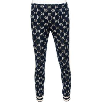 Pre Owned Gucci Navy Blue Logo Jacquard Side Stripe Detail Joggers M