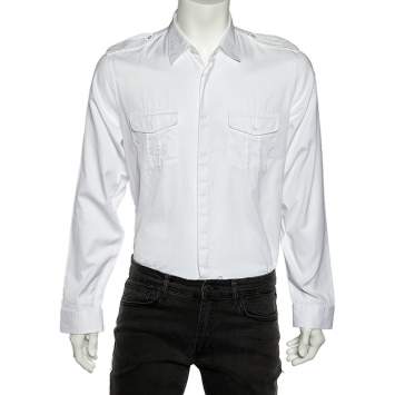 Pre Owned Gucci White Cotton Contrast Trim Button Front Skinny Shirt L