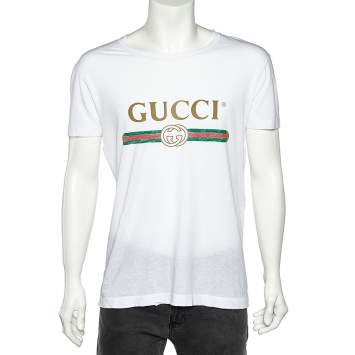 Pre Owned Gucci White Washed Logo Printed Cotton Distressed T-Shirt M