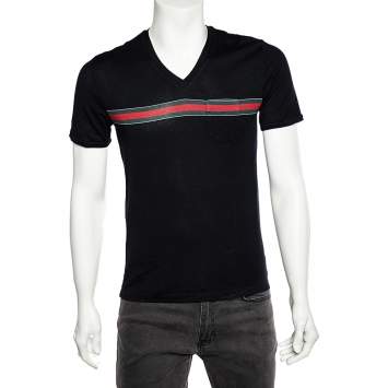 Pre Owned Gucci Black Cotton  Web Stripe Detail V-Neck T-Shirt M