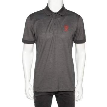 Pre Owned Gucci Grey Cotton Pique Logo Crest Printed Polo T-Shirt L