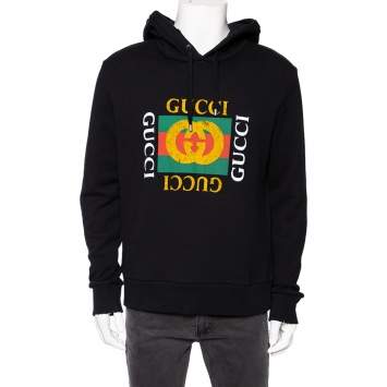 Pre Owned Gucci Black Distressed Logo Printed Cotton Hoodie M