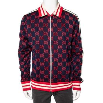 Pre Owned Gucci Navy Blue GG Jacquard Cotton Rib Knit Trimmed Jacket XL