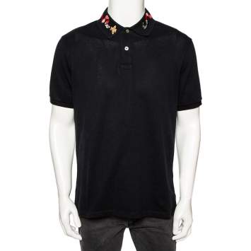 Pre Owned Gucci Black Stretch Cotton Snake Embroidered Collar Polo T-Shirt XXXL