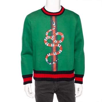 Pre Owned Gucci Green Neoprene Snake Print Contrast Knit Trim Sweater M