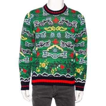 Pre Owned Gucci Green Wool Jacquard Contrast Trim Crewneck Sweater L