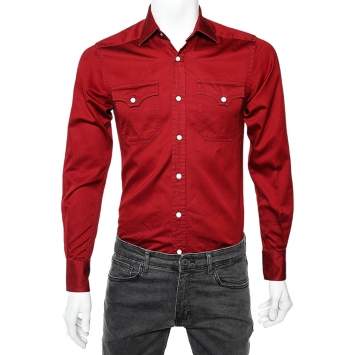 Pre Owned Gucci Red Cotton Pocket Detail Long Sleeve Shirt S