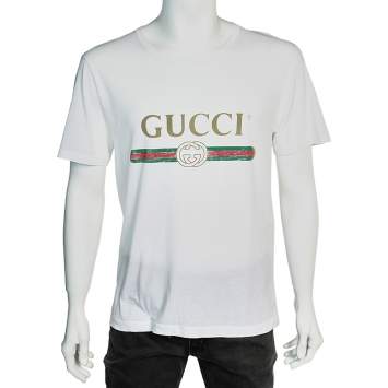 Pre Owned Gucci White Logo Printed Cotton Distressed T-Shirt S