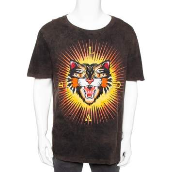 Pre Owned Gucci Brown Angry Cat Applique Cotton Short Sleeve Crewneck T-Shirt L