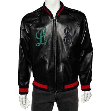 Pre Owned Gucci Black Leather DIY Letter Applique Bomber Jacket M