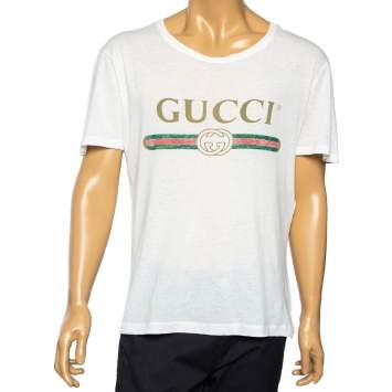Pre Owned Gucci White Logo Printed Cotton Distressed Short Sleeve T-Shirt S