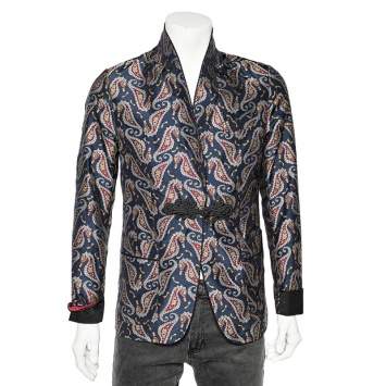 Pre Owned Gucci Navy Blue Seahorse Jacquard Evening Blazer M