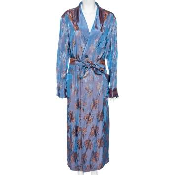 Pre Owned Gucci Blue & Orange Two Toned Jacquard Belted Robe L