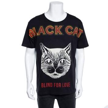 Pre Owned Gucci Grey Black Cat Blind For Love Print Cotton Short Sleeve T-Shirt M