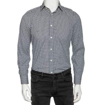 Pre Owned Gucci Blue Logo Checked Cotton Slim Fit Shirt S
