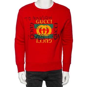 Pre Owned Gucci Red Cotton Tomorrow Is Now Yesterday Logo Printed Crewneck Sweatshirt XS