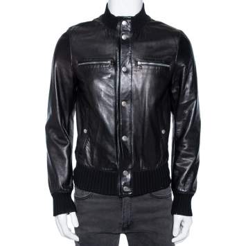 Pre Owned Gucci Black Leather & Rib Knit Trimmed Button Front Jacket S