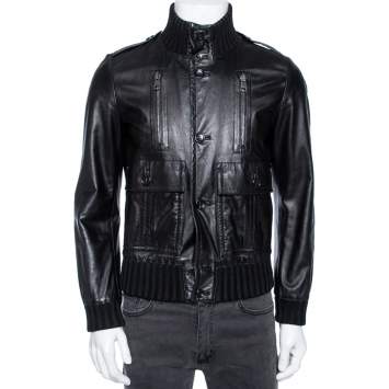 Pre Owned Gucci Vintage Black Leather & Rib Knit Trimmed Button Front Jacket S