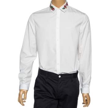 Pre Owned Gucci White Cotton Embroidered Collar Button Front Slim Fit Shirt L