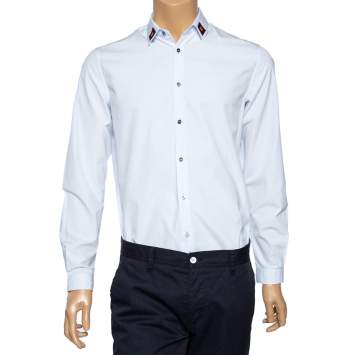 Pre Owned Gucci Light Blue Cotton Bee Applique Collar Detail Shirt M